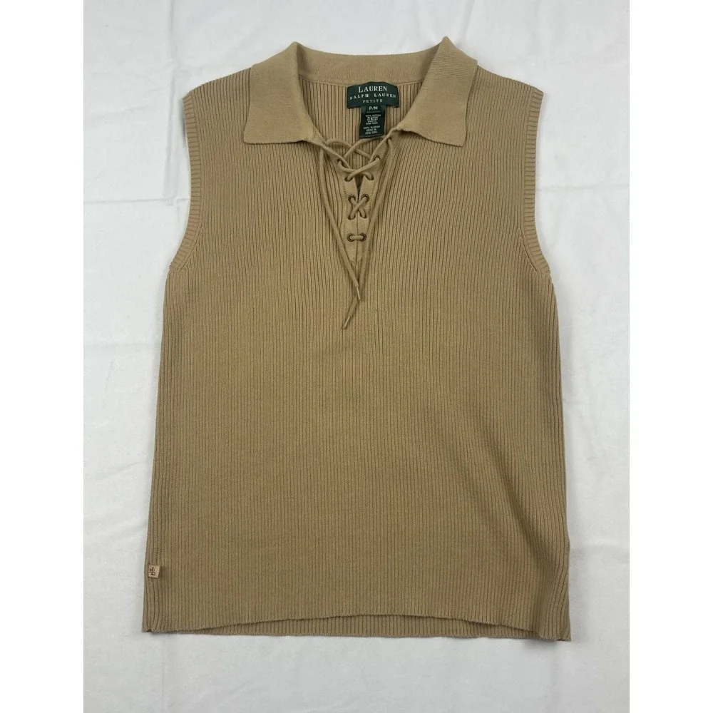 LAUREN RALPH LAUREN PETITE P/M RIB KNIT SLEEVELESS LACE UP SWEETER BEIGE COTTON